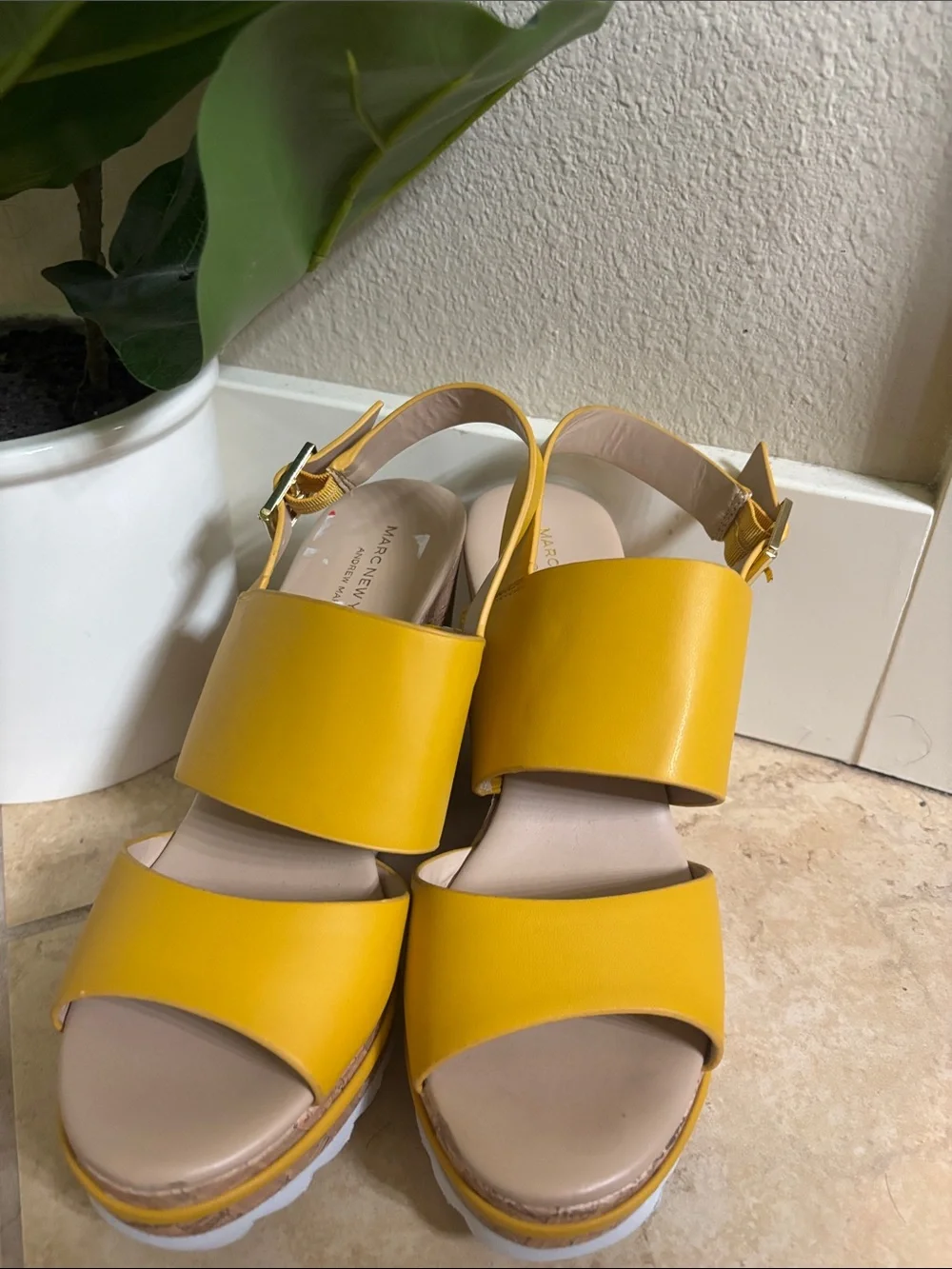 Marc New York Mustard Yellow Wide-Strap Wedge Sandals